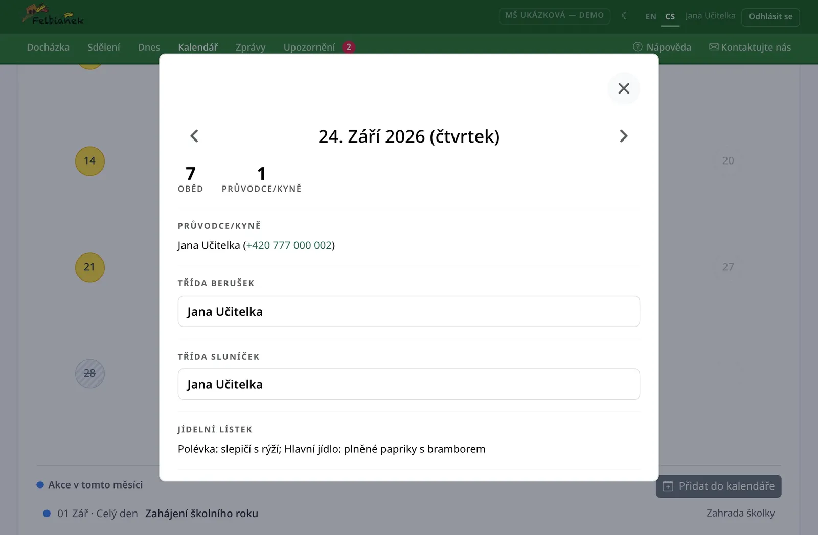 Detail dne se službami a počty dětí